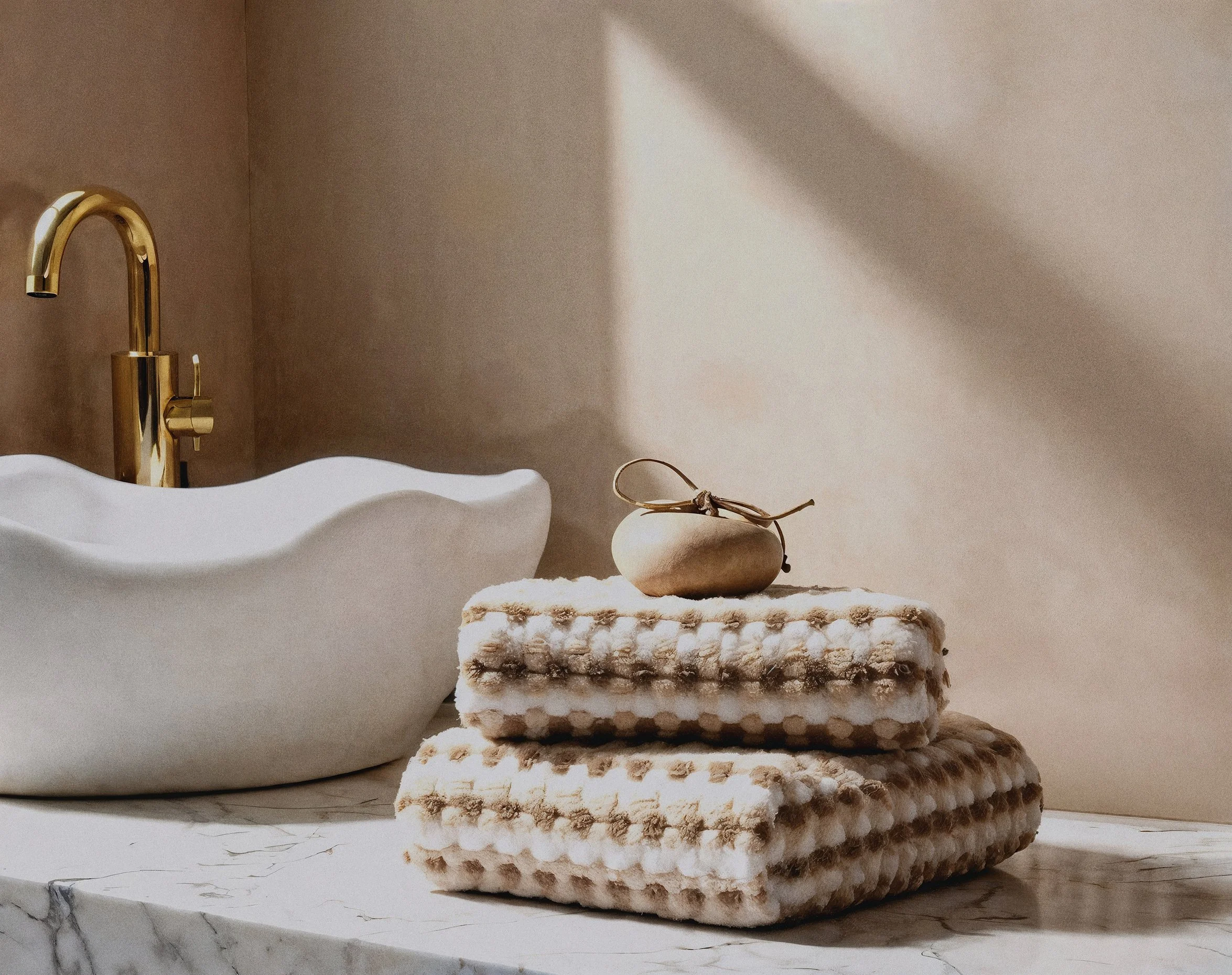 Close-up of textured woven beige and white cloth stacked in a tower, with a small round beige rock placed on top. In the background, a white ceramic vessel with a shiny gold faucet is partially visible.