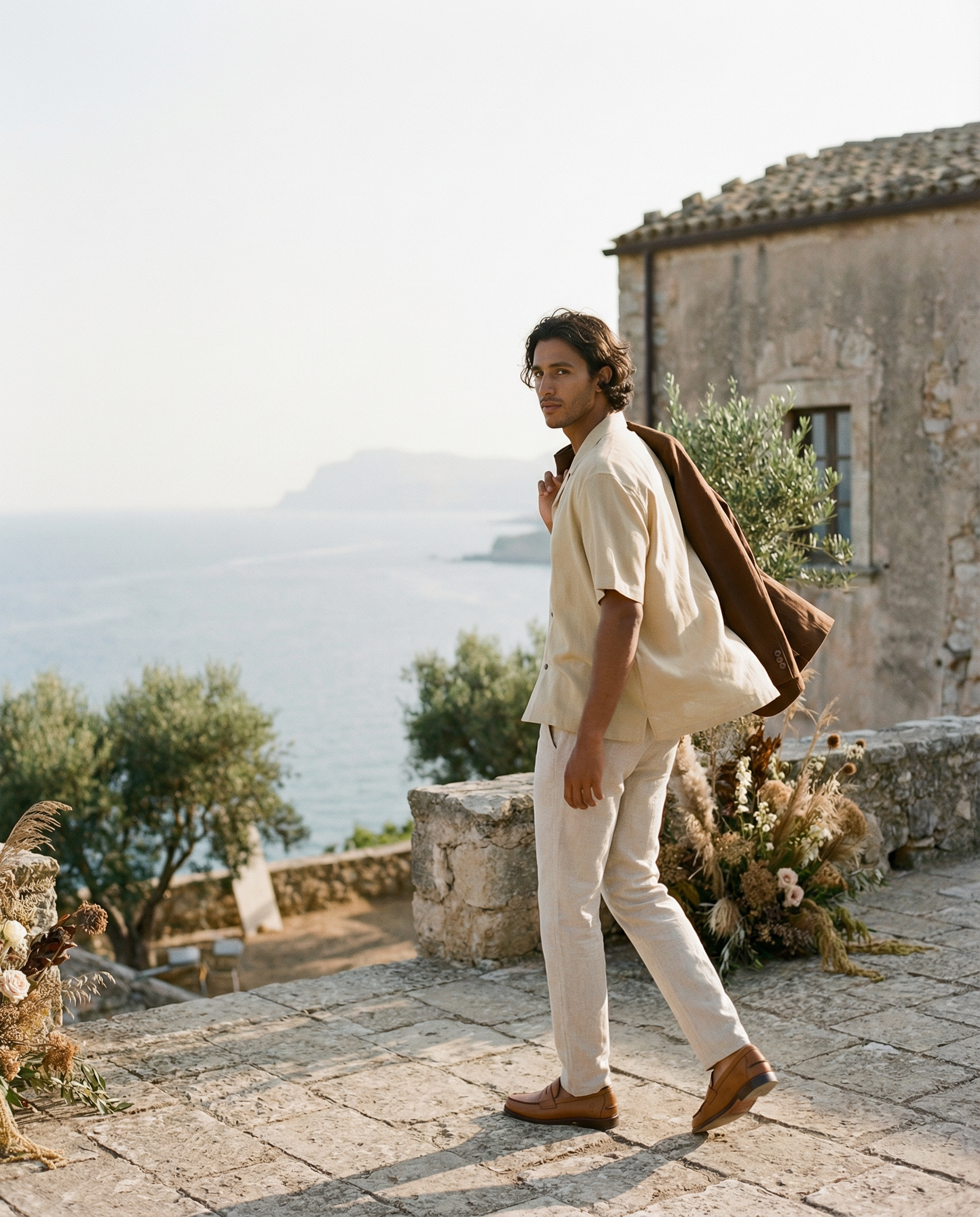A man walks outdoors on a stone-paved path, carrying a brown jacket over his shoulder. He wears beige clothing and tan shoes, with a landscape of greenery and water in the background and a stone building nearby.