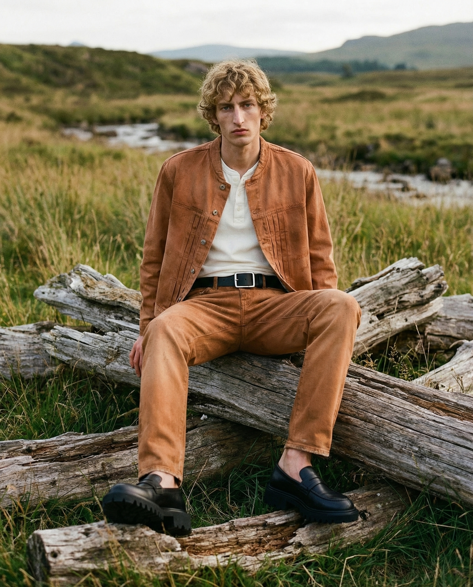 A young man sitting on fallen logs in a field with tall grass, river, and rolling hills in the background, wearing a burnt orange jacket, matching pants, black shoes, and a white shirt.