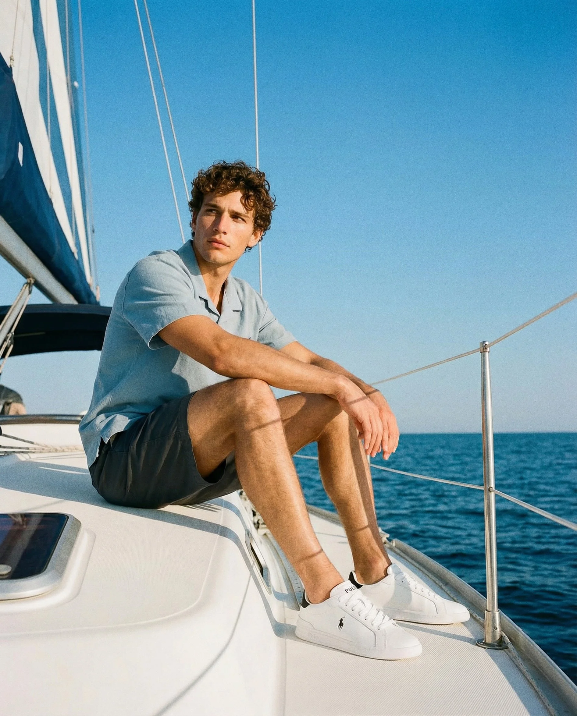 A young man with curly hair sits on the deck of a sailboat. He wears a light gray shirt, dark shorts, and white sneakers with a Polo logo. The ocean and clear blue sky are visible in the background.