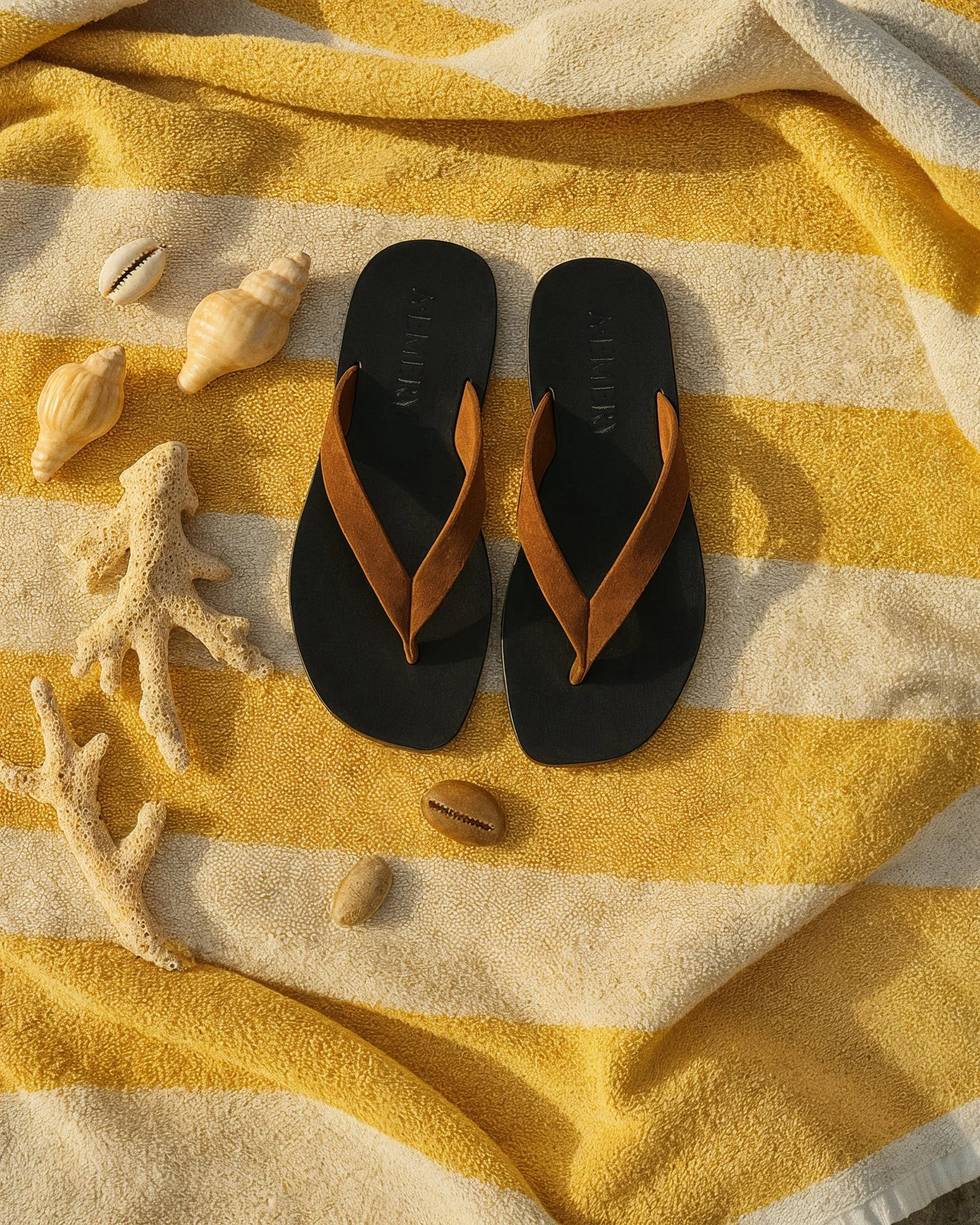 A pair of black flip-flops with brown straps on a yellow and white striped towel, surrounded by seashells, starfish, and rocks.