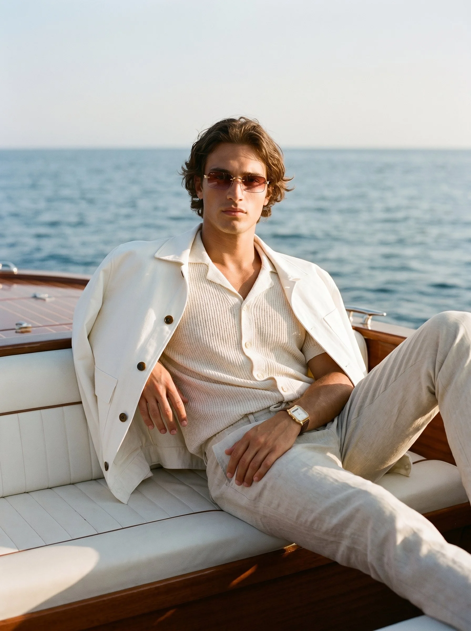 A young man with wavy brown hair, wearing sunglasses and a white outfit, sitting on a boat with a large body of water in the background.