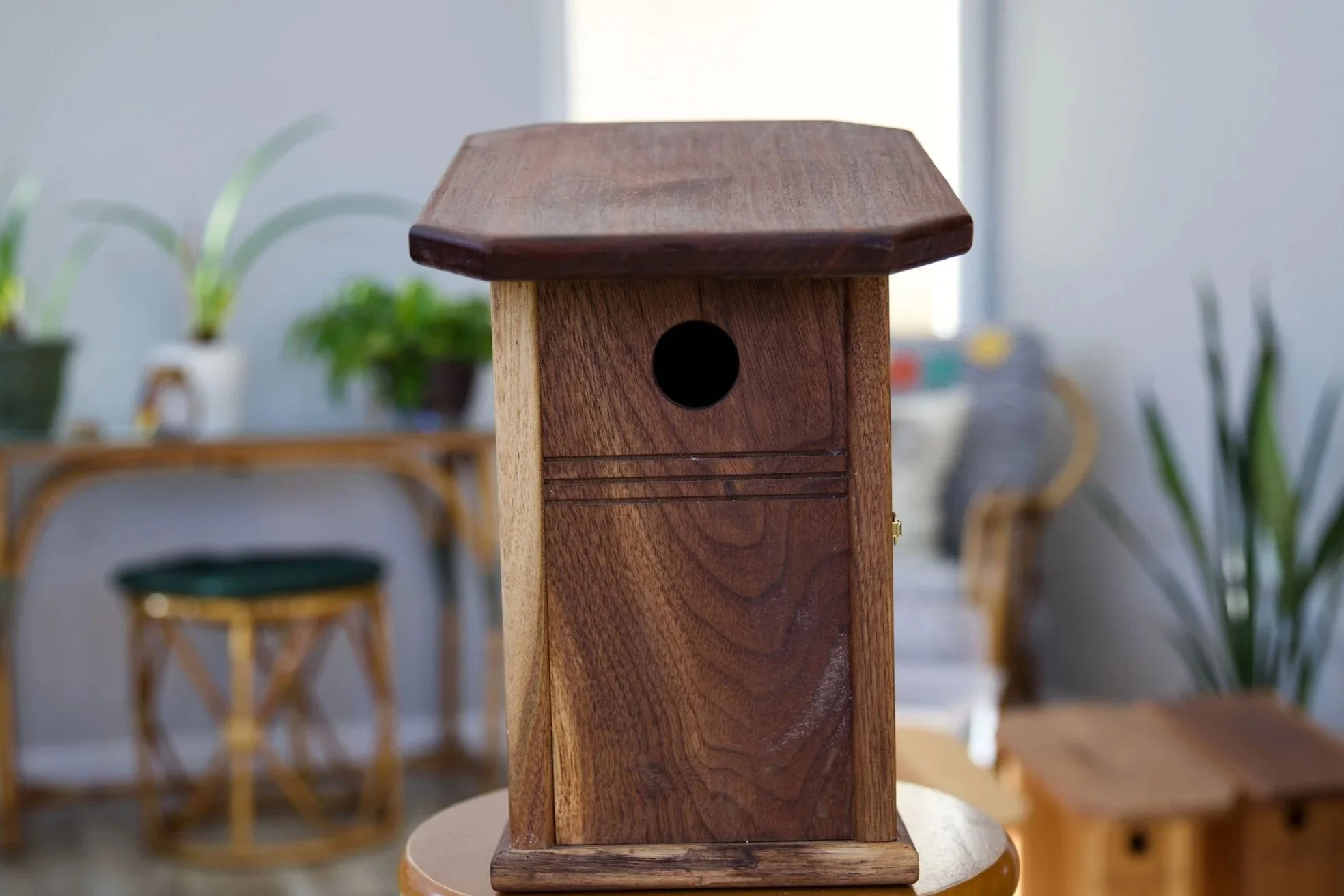 R.E. Arnold's handmade walnut bluebird house with entry hole in Gettysburg PA