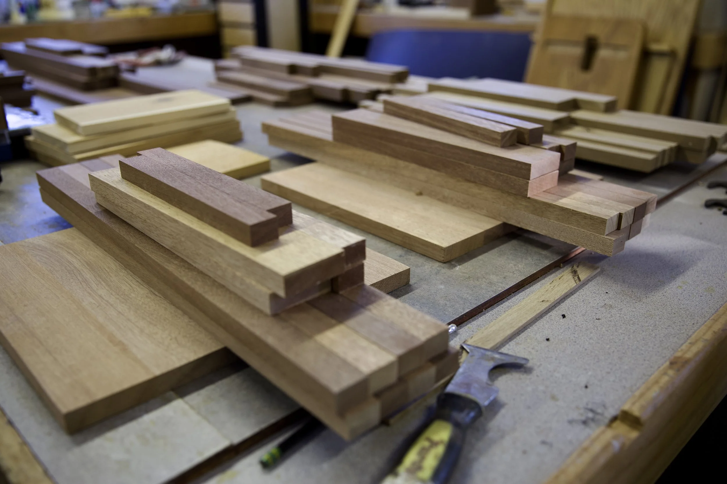 R.E. Arnold's Custom Construction — hardwood pieces on the workbench in the Gettysburg PA woodshop