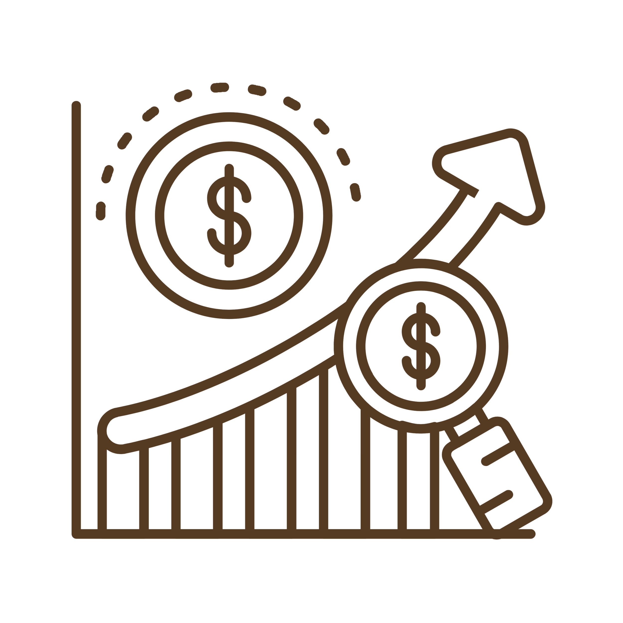 Line graph with upward trend, dollar signs, and magnifying glass indicating financial growth and analysis.