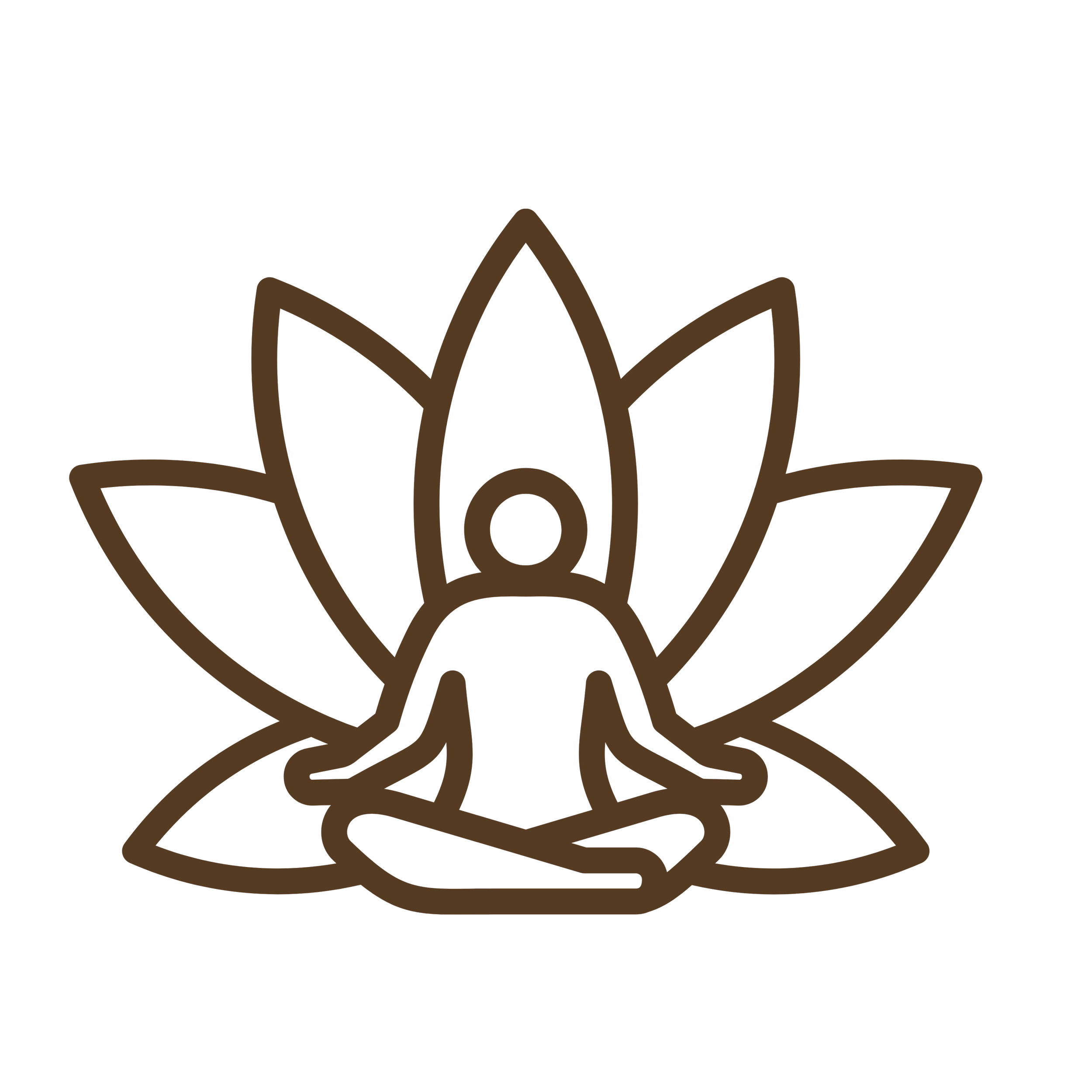 Line drawing of a person meditating in front of a lotus flower, with a circle above their head on a black background.