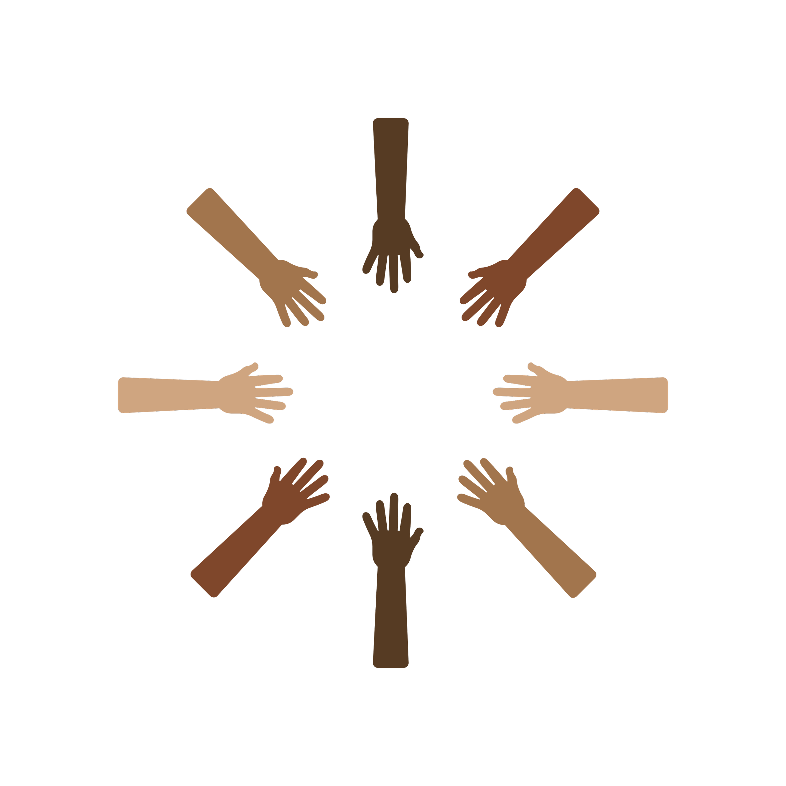 Multiple hands of various skin tones reaching towards the center in a circle.