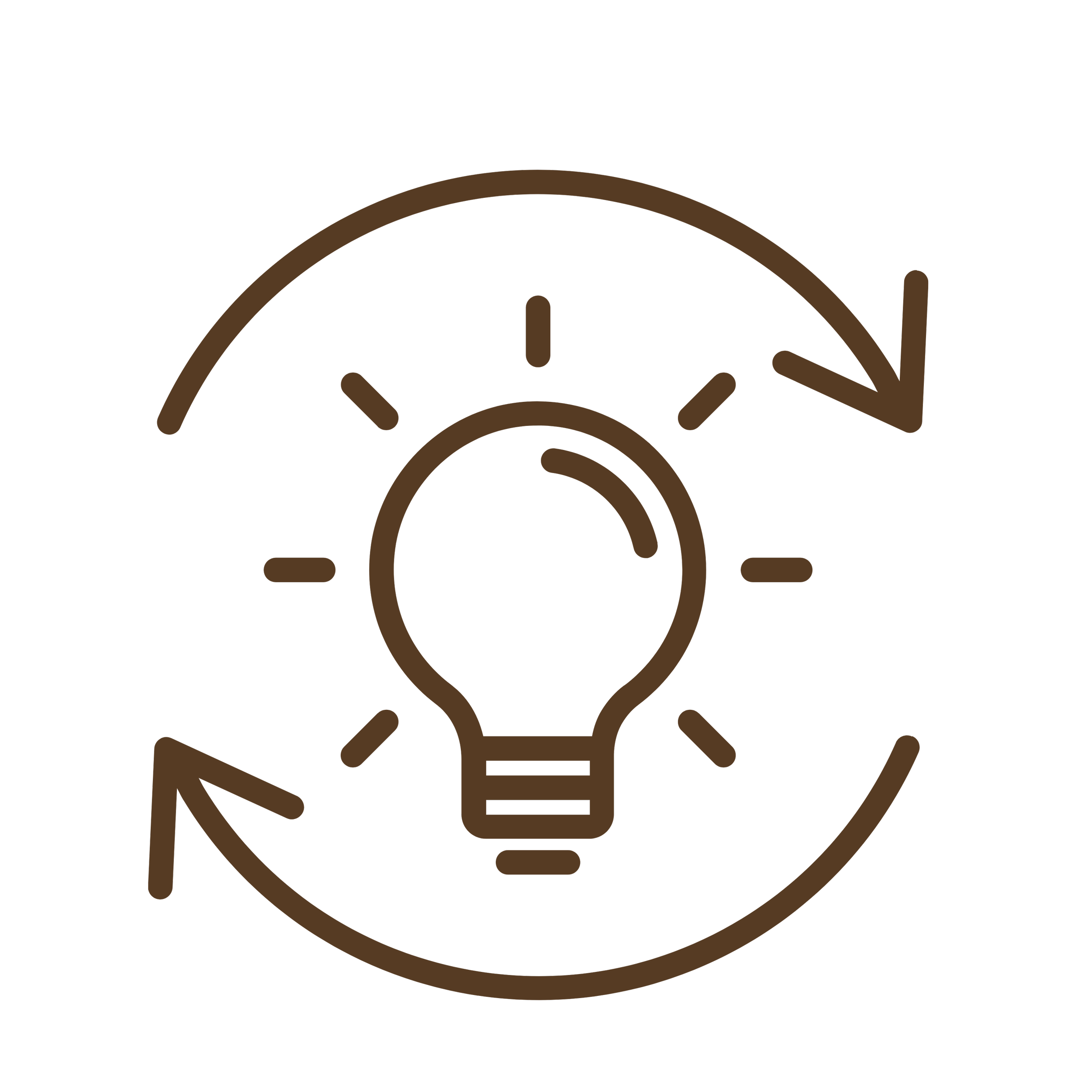 Icon of a light bulb at the center with two circular arrows surrounding it, suggesting ideas or innovation.