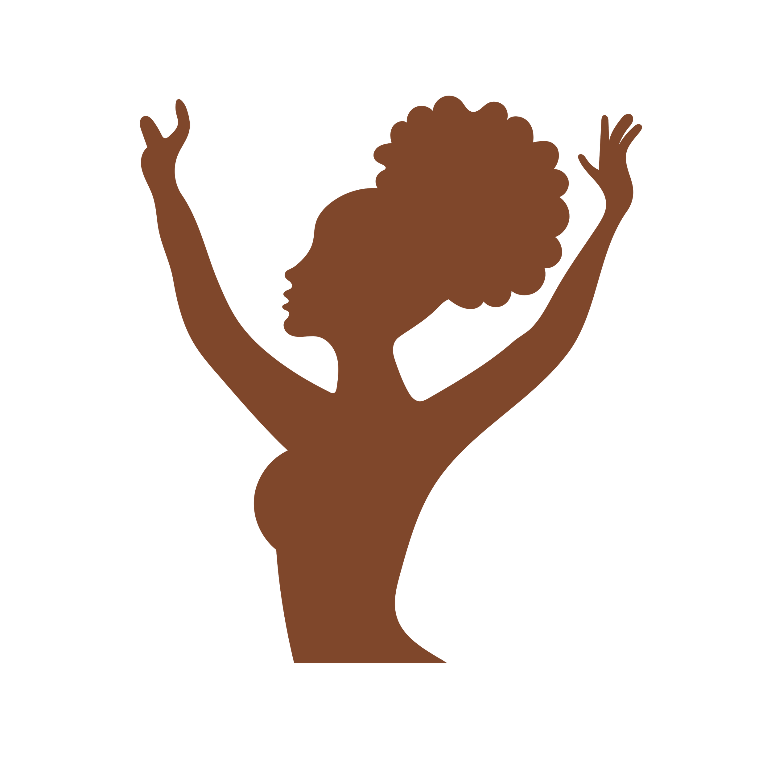 Silhouette of a woman with curly hair raising her arms.