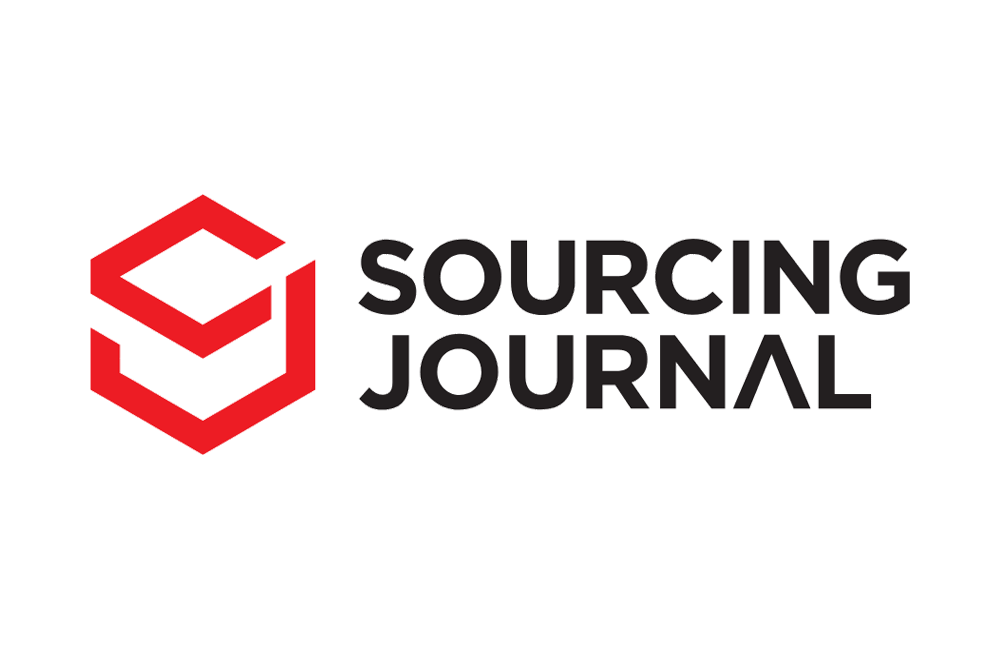 Logo of Sourcing Journal with a red 3D cube icon and black text on a black background.