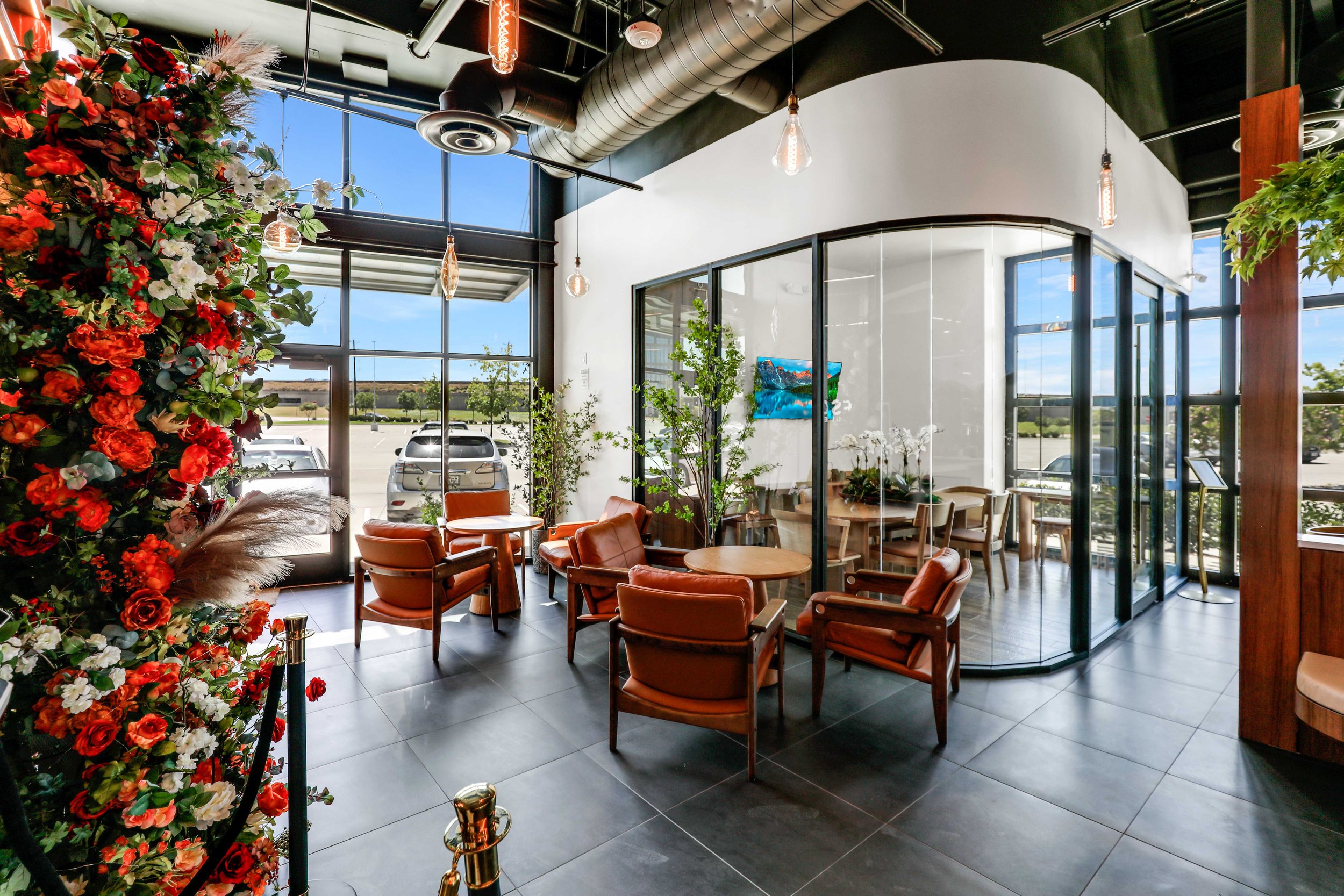 24" × 24" Commercial Floor Tile – Escape 360 Café, McKinney, TX. Large-format porcelain tiles create a sleek, modern flooring surface designed for durability in this busy coffee shop.