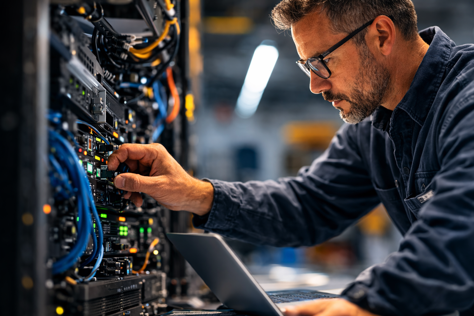 A male technician working with network equipment and cables in a server room, using a laptop.