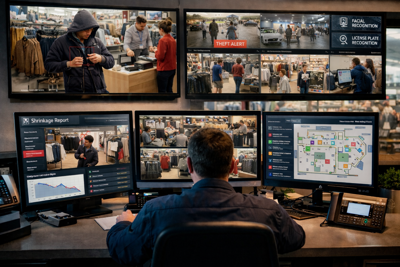 Security control room with multiple monitors displaying surveillance footage of a shopping mall, merchandise displays, and floor plan, with a security officer managing the systems.