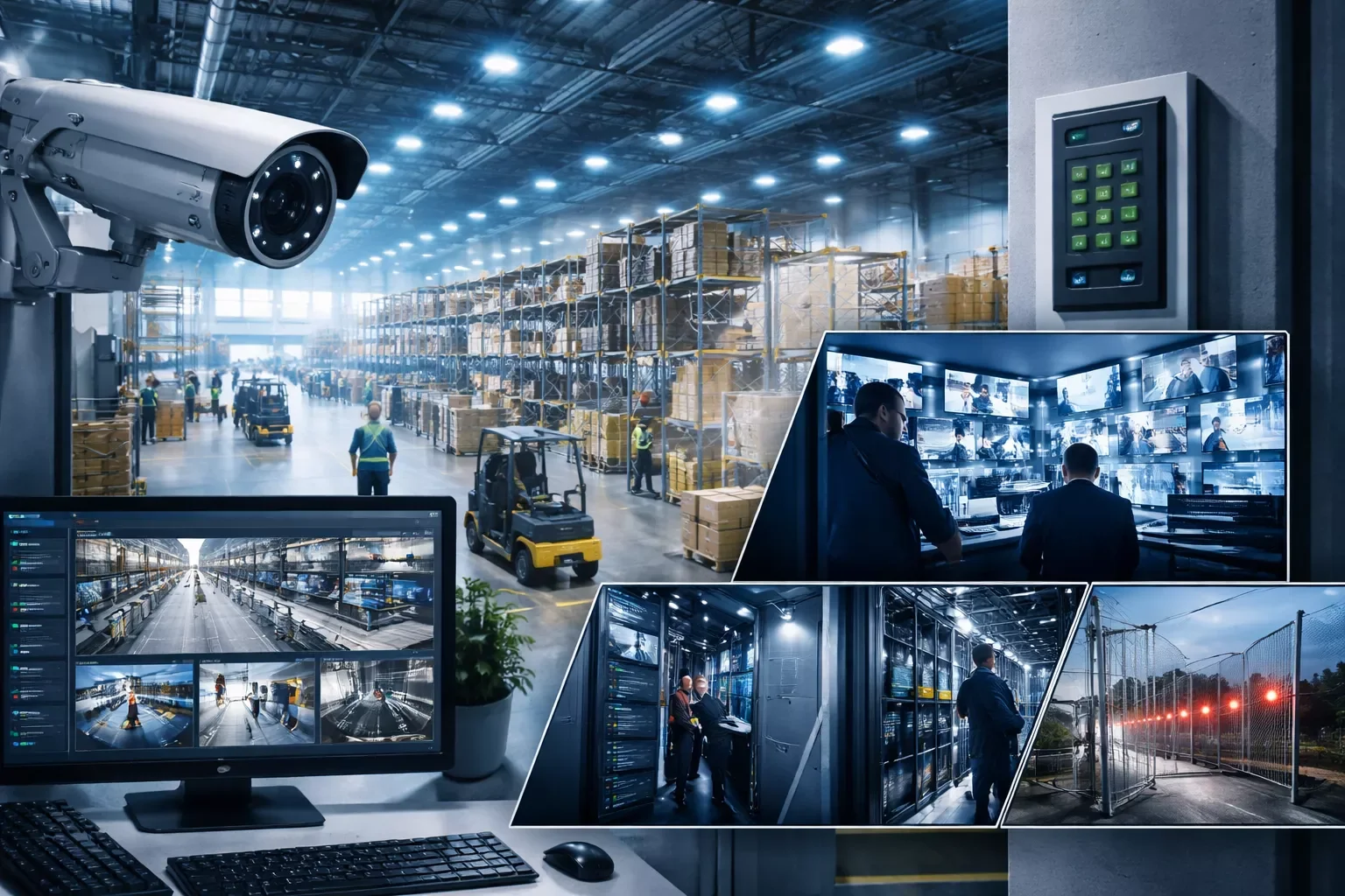 Industrial CCTV security monitoring system with multiple surveillance screens and warehouse coverage
