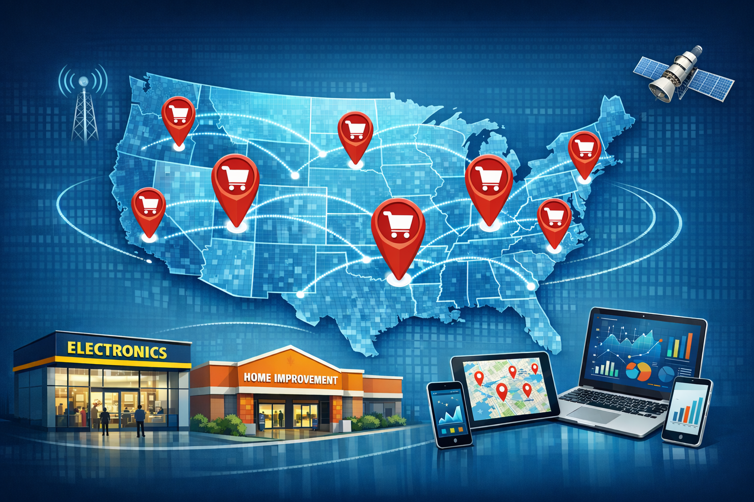 Digital illustration of online shopping across the United States with a map marked by red shopping cart icons, connected by lines. Features include electronics and home improvement stores, smartphones, a laptop displaying charts, and a satellite orbiting above.