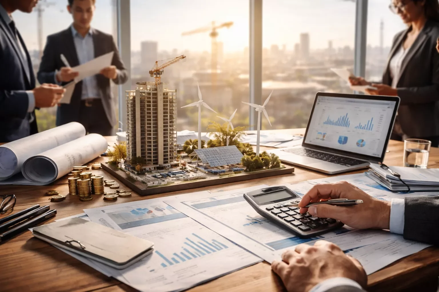 Construction project financing planning with financial reports, blueprints, and business meeting