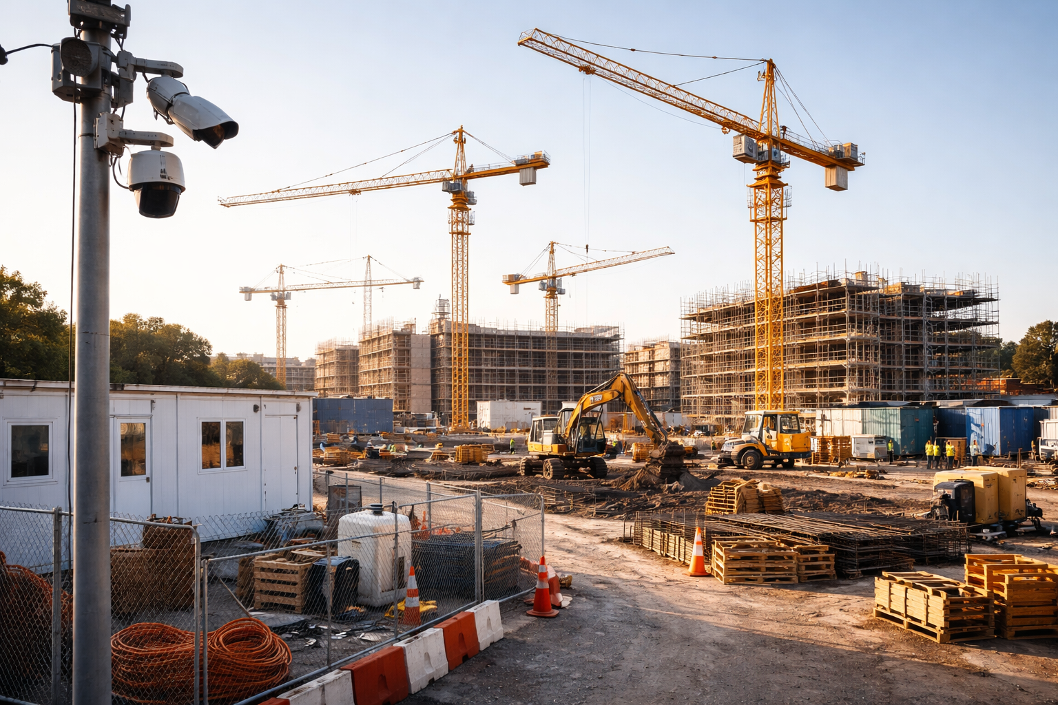 Construction site with multiple cranes, partially built buildings, construction equipment, and workers.