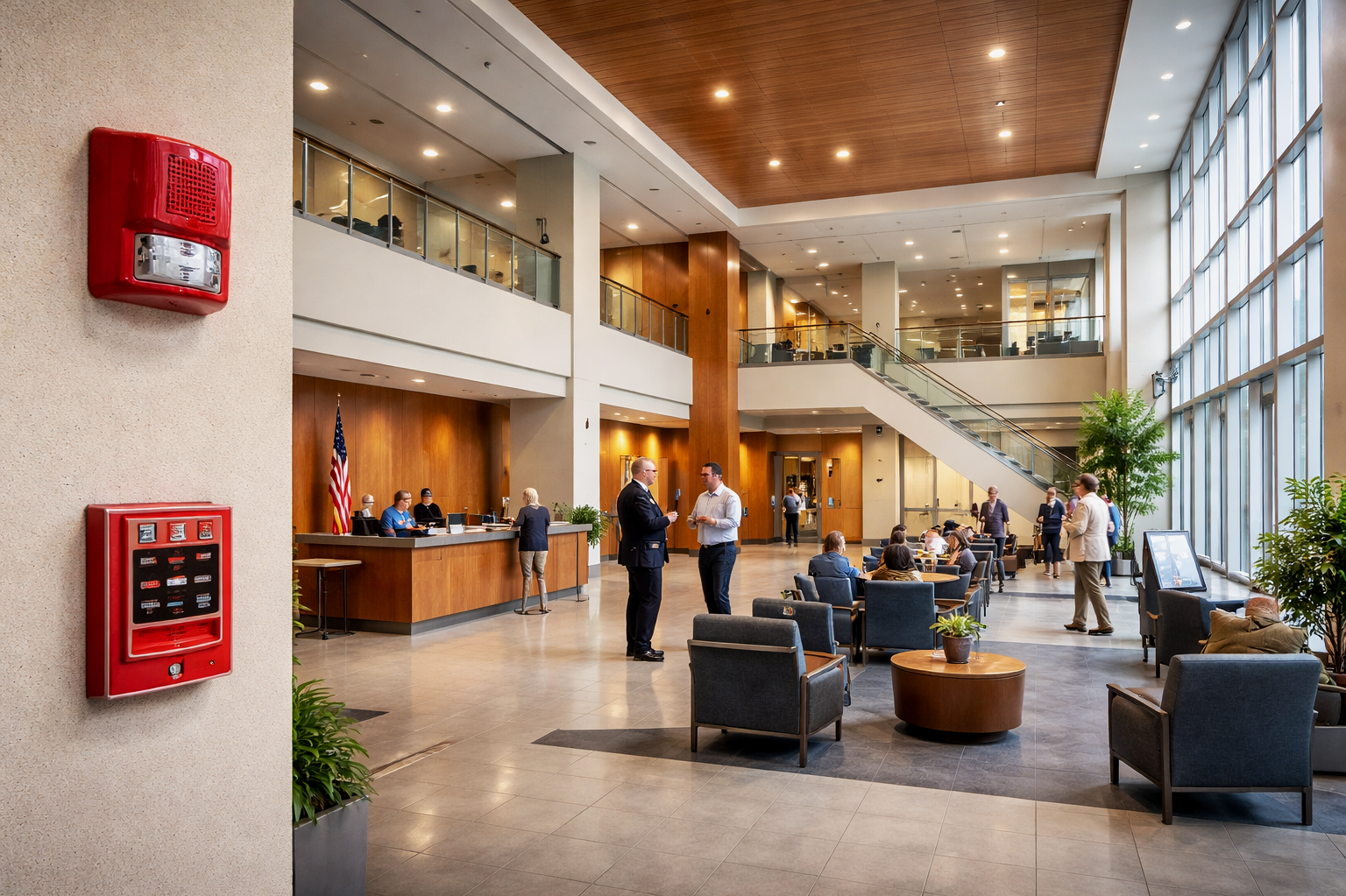 Hotel lobby with seating area, front desk, and large windows, with a staircase and several people present.