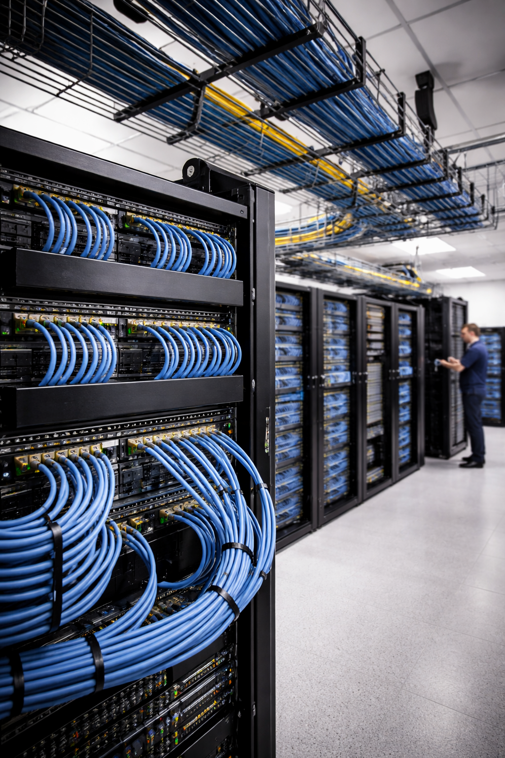Server room with multiple racks of network switches and blue Ethernet cables organized and connected. A person is working in the background.