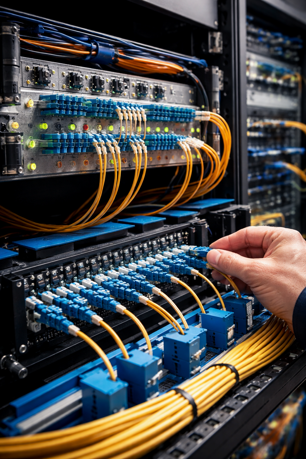 A technician connecting yellow fiber optic cables to a network switch inside a server rack.
