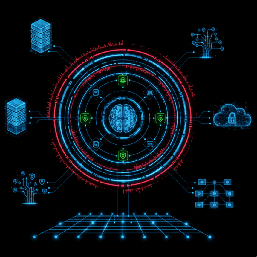Digital illustration of artificial intelligence with interconnected icons representing data storage, security, machine learning, cloud computing, and neural networks, centered around a brain diagram.