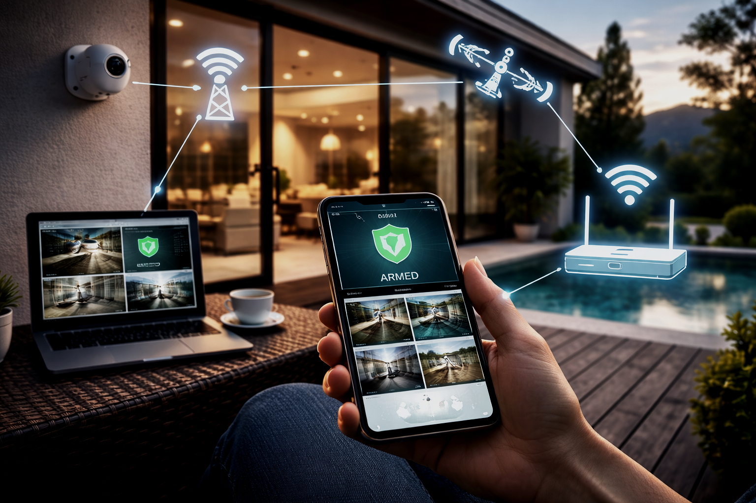Person controlling home security system with smartphone, with camera surveillance footage, Wi-Fi router, and outdoor security cameras near a pool at sunset.