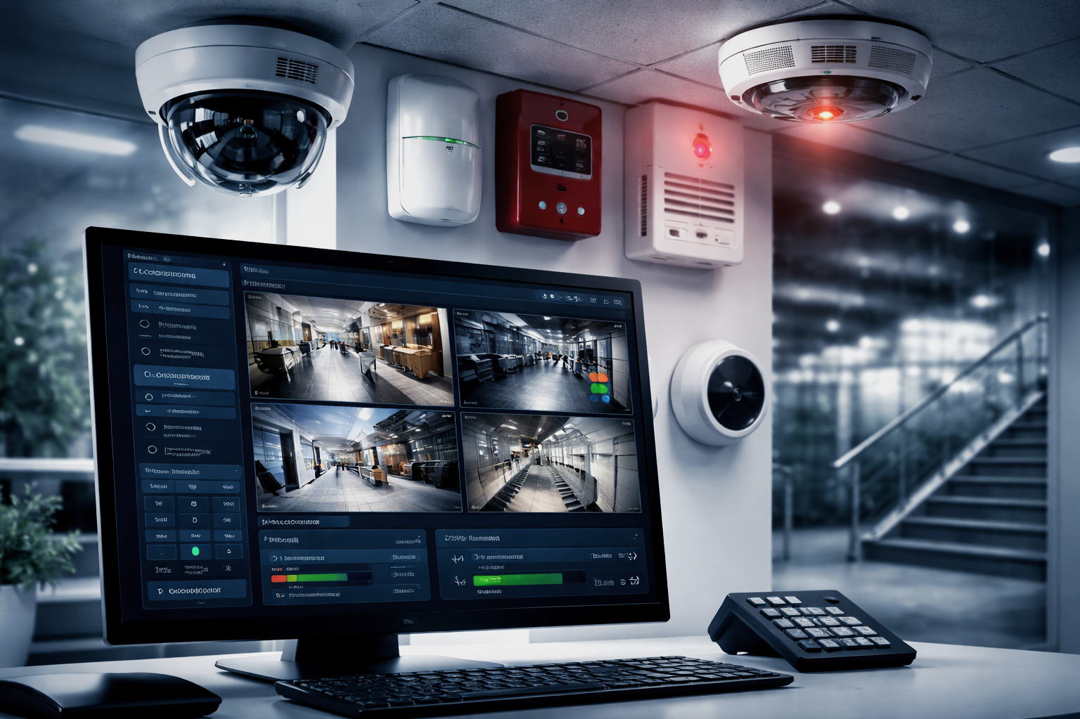 Security monitoring room with computer screen showing multiple CCTV camera feeds of a modern indoor public space.