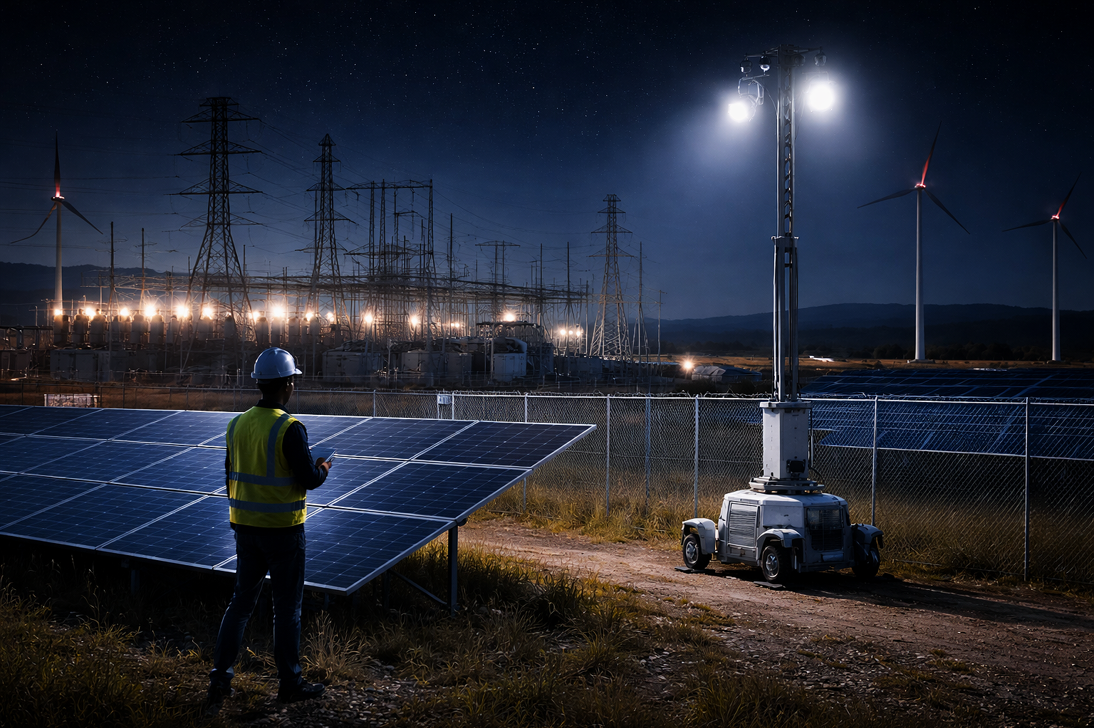 A worker in a safety vest and helmet standing near solar panels at night, with wind turbines and power lines in the background, illuminated by bright lights.