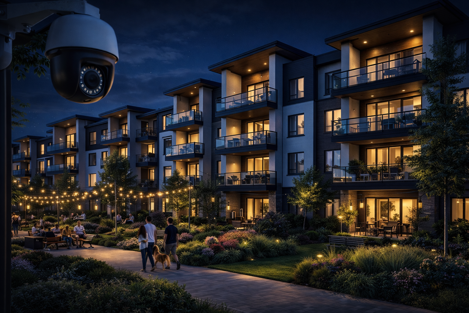 Apartment security system monitoring outdoor areas at night for resident protection