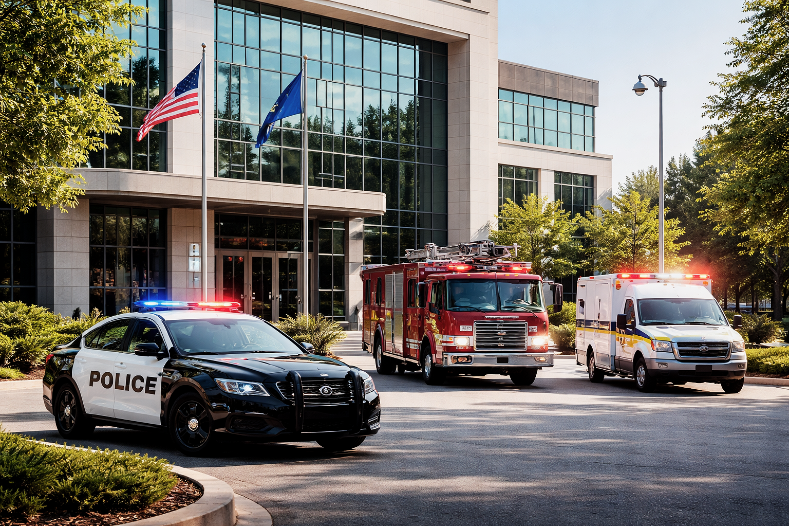 Police car, fire truck, and ambulance parked outside a modern office building with glass windows, trees, and American flags.