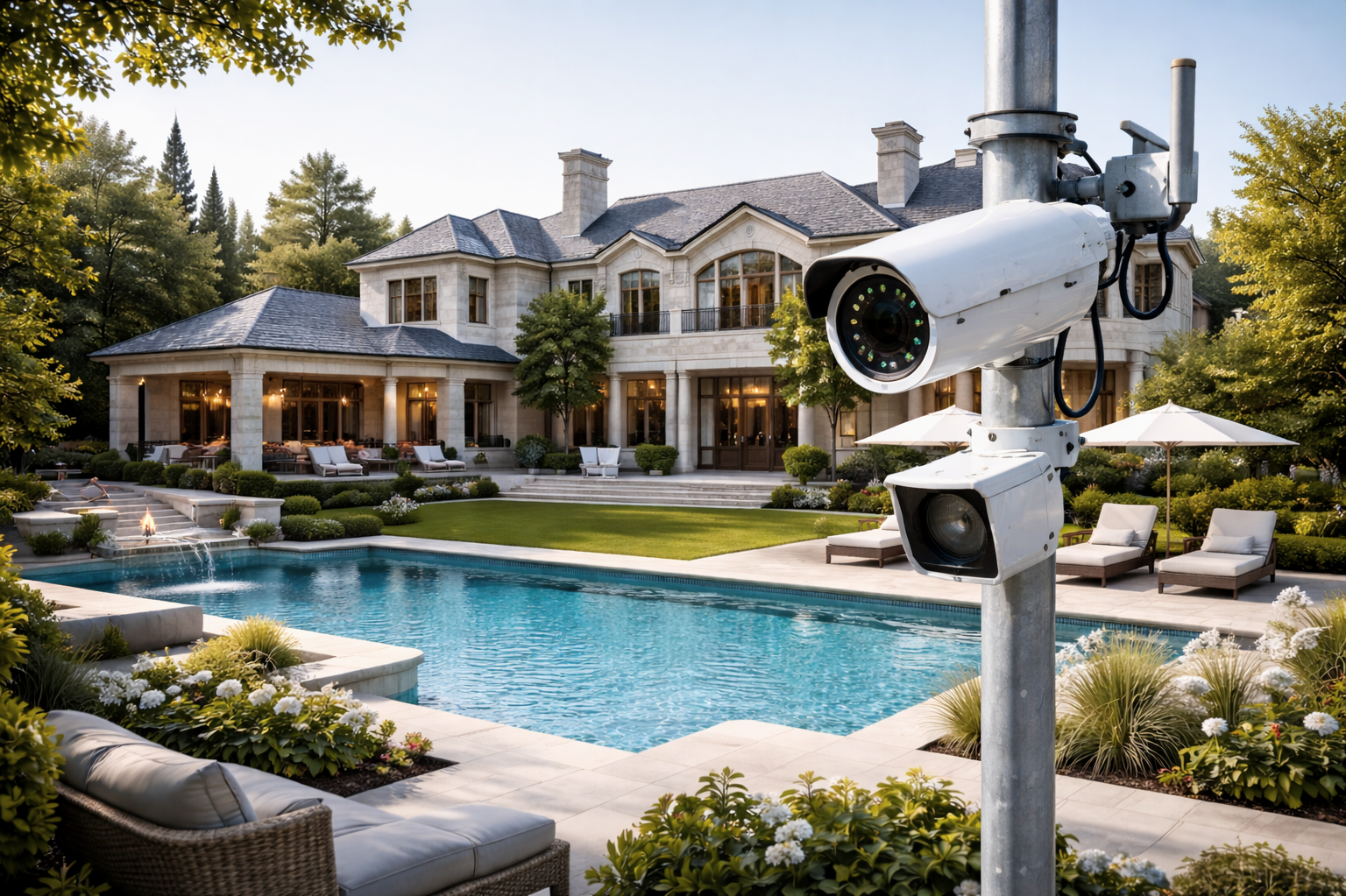 A security camera overlooking a luxurious backyard with a swimming pool, outdoor furniture, and a large elegant house surrounded by trees.