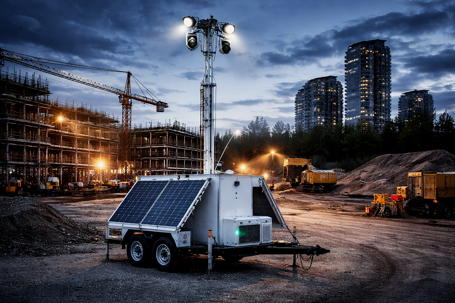 Portable solar-powered lighting and electrical unit on a construction site under cloudy evening sky with building framework, construction cranes, and high-rise apartments in the background.