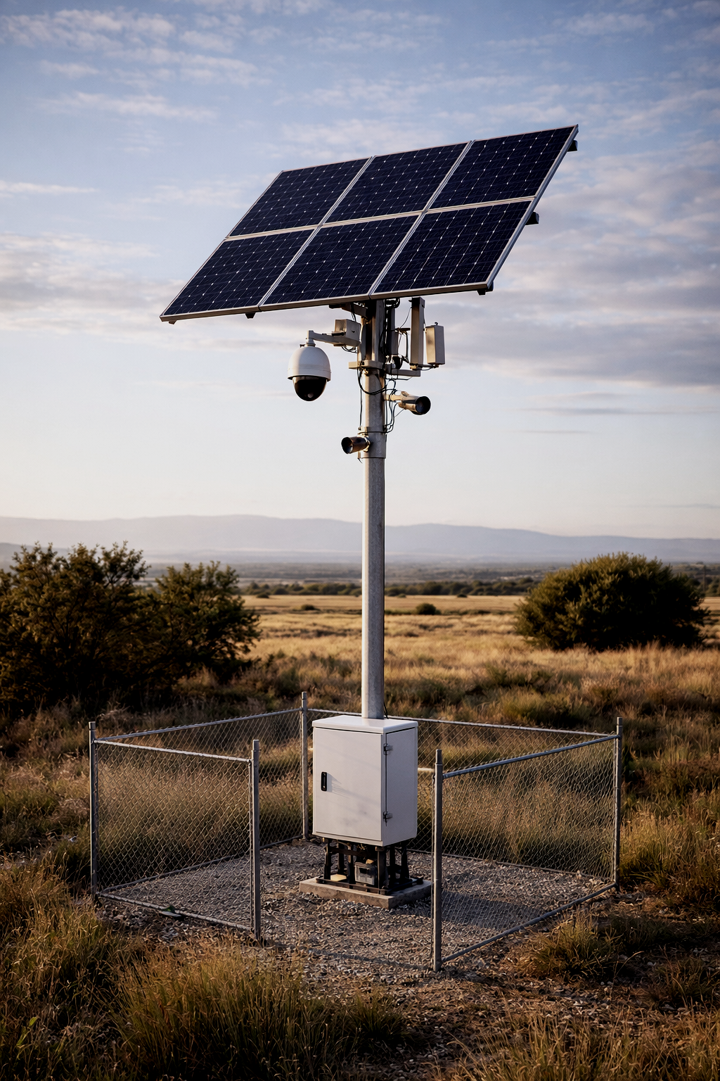 A solar-powered weather monitoring station with solar panels, a surveillance camera, and electronic equipment, situated in a grassy field with shrubs and distant mountains under a cloudy sky.