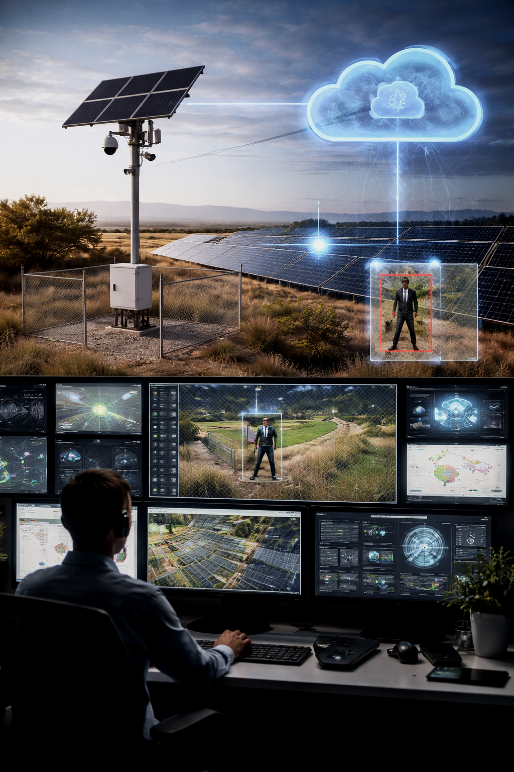 A field with solar panels, a weather station, and a digital overlay of cloud computing technology connected to the scene, with a man in a suit being monitored by a security system through multiple screens showing digital readings and maps.