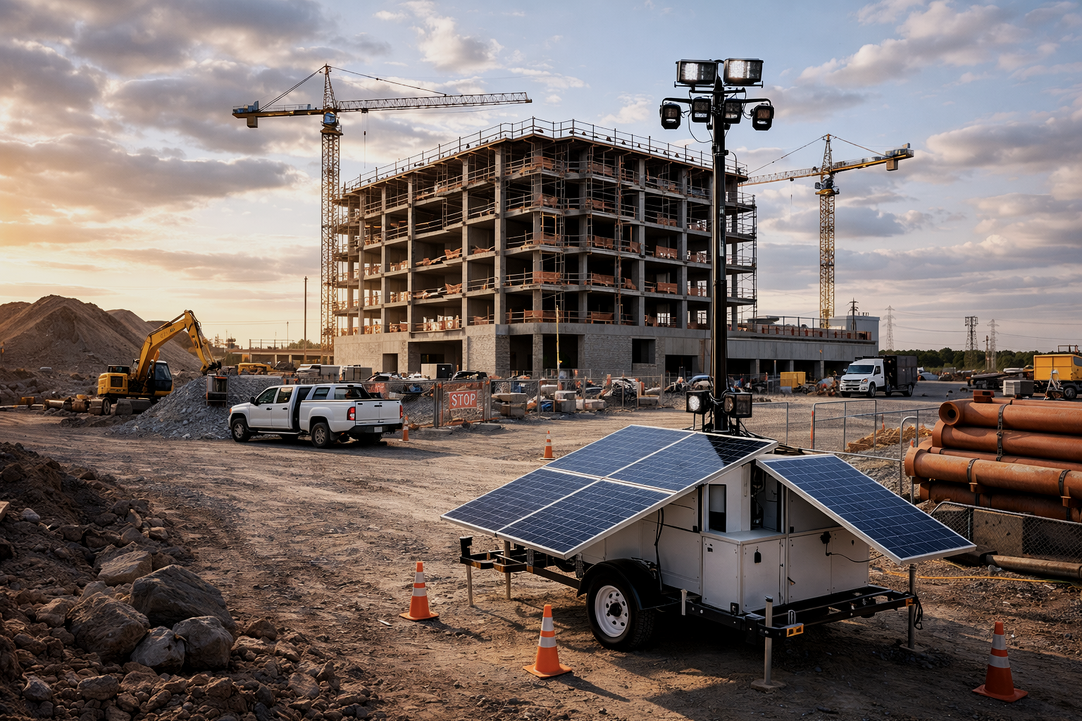 Construction site with a building under construction, cranes, construction vehicles, and solar panels on a trailer in the foreground at sunset.