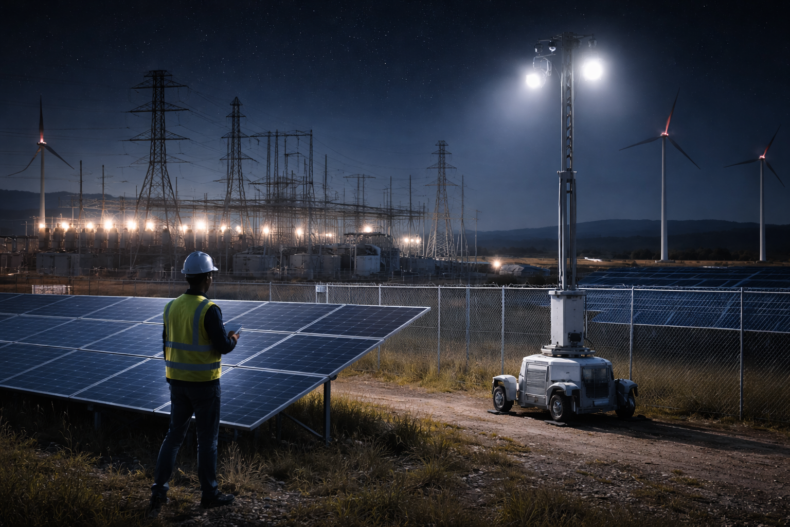 A worker in a safety vest and helmet inspecting solar panels at night with wind turbines and electrical substation in the background.