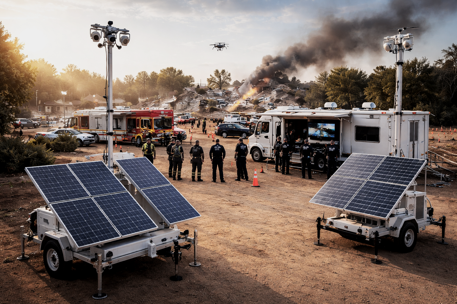 Emergency response scene with fire trucks, police vehicles, and personnel, including a drone flying overhead, in front of a burning building emitting thick black smoke. Solar panel equipment is visible in the foreground.