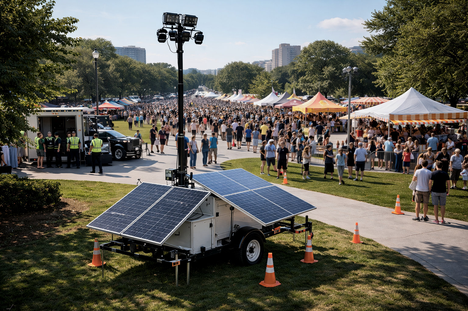 Crowd of people attending an outdoor festival or market with tents, trees, and city buildings in the background. In the foreground, solar panels are mounted on a trailer, and security personnel are near a food truck.