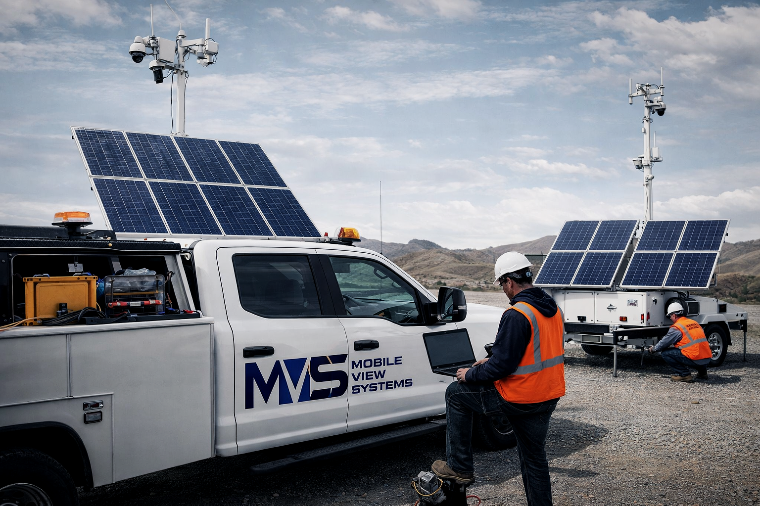 Technicians installing solar panels on a mobile power system vehicle in a desert landscape.