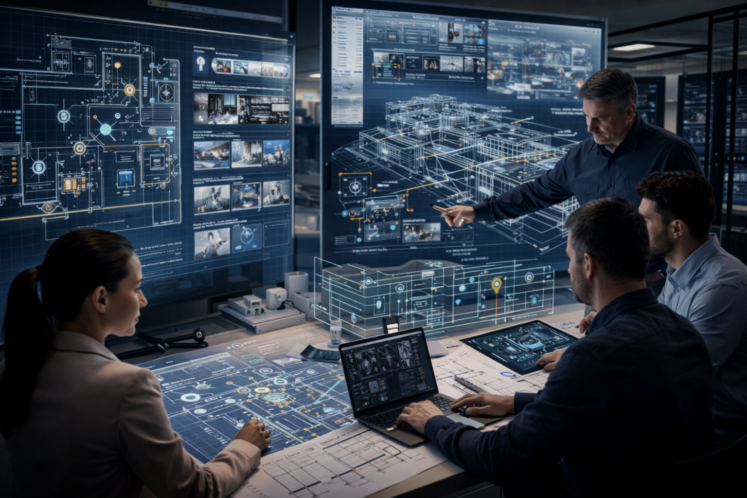 A team of four people working in a high-tech control room with digital blueprints and schematics on large transparent screens and computer monitors.