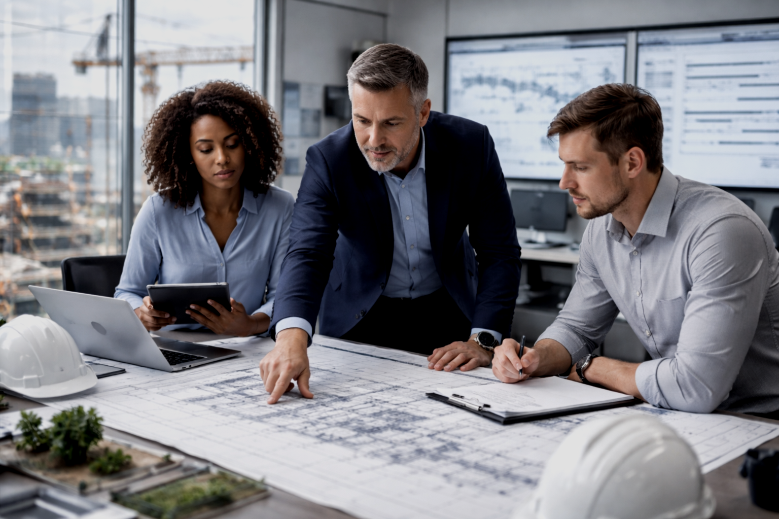 Three professionals reviewing blueprints in an office with large windows and cityscape view, including construction cranes.