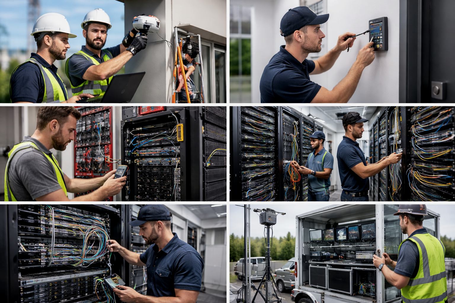 Group of technicians working on installing and maintaining telecommunications equipment, including cabling, network servers, and outdoor infrastructure, using tools and testing devices.