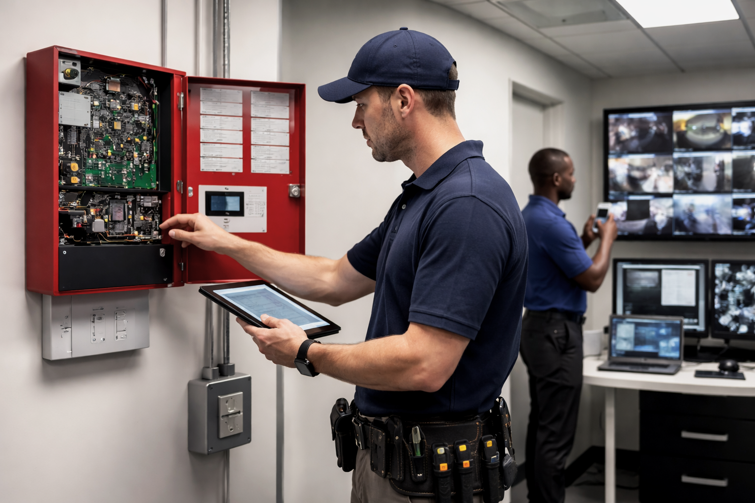Two security personnel working on security system monitoring, with one adjusting a control panel and the other observing security cameras on the monitor.