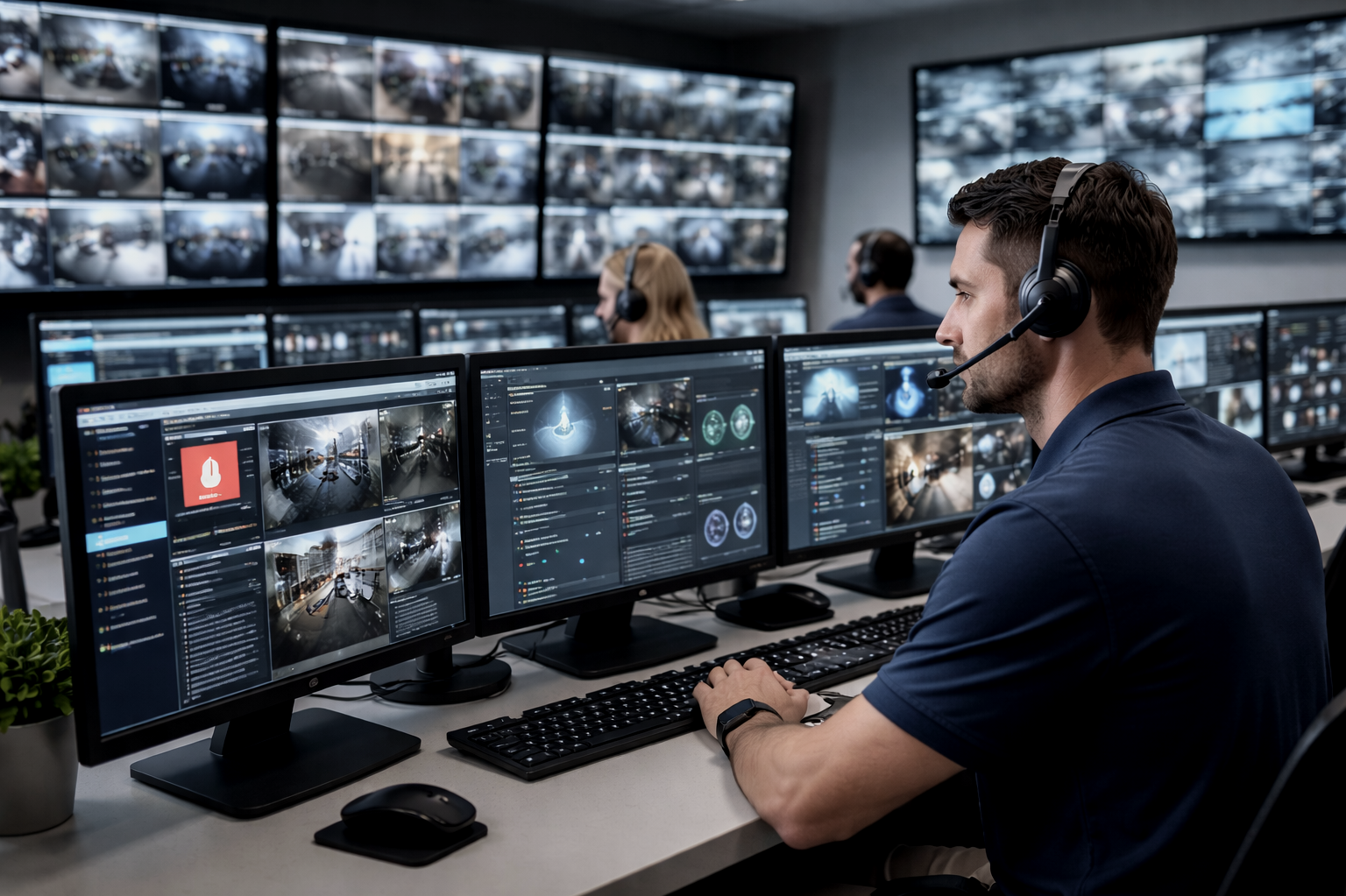 A man wearing a headset and using a computer with multiple monitors displaying security camera footage and video editing software in a control room.