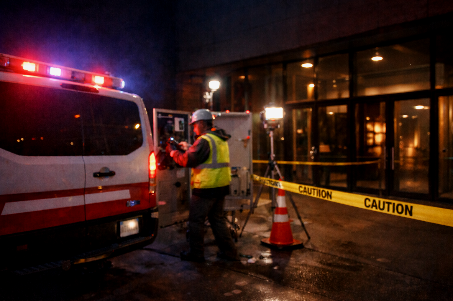 Nighttime scene outside a building with emergency workers and equipment, yellow caution tape, a vehicle with flashing lights, and construction cones.