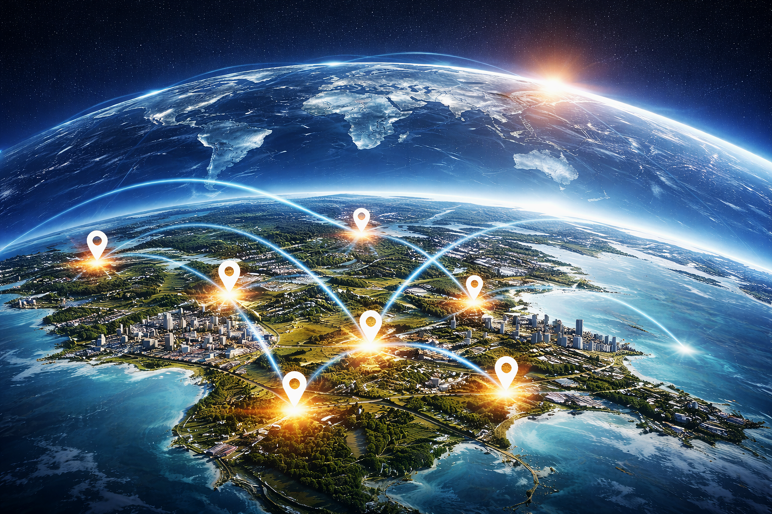 A digital illustration of Earth viewed from space with glowing city lights and connecting blue lines between several location markers on Earth's surface.