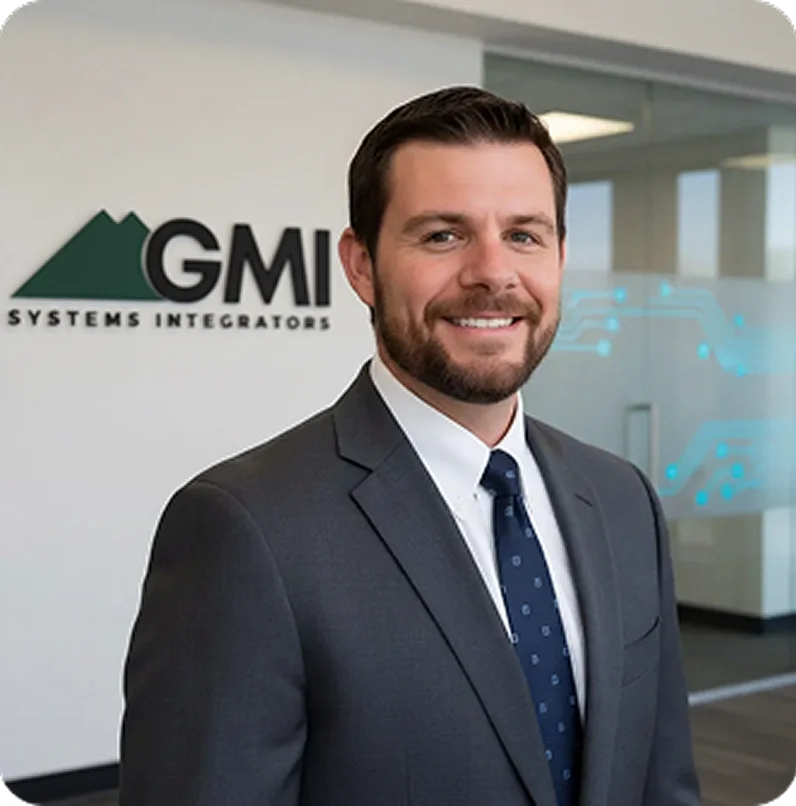 A man in a business suit standing in an office hallway, smiling, with a company logo that reads 'GMI Systems Integrators' on the wall behind him.