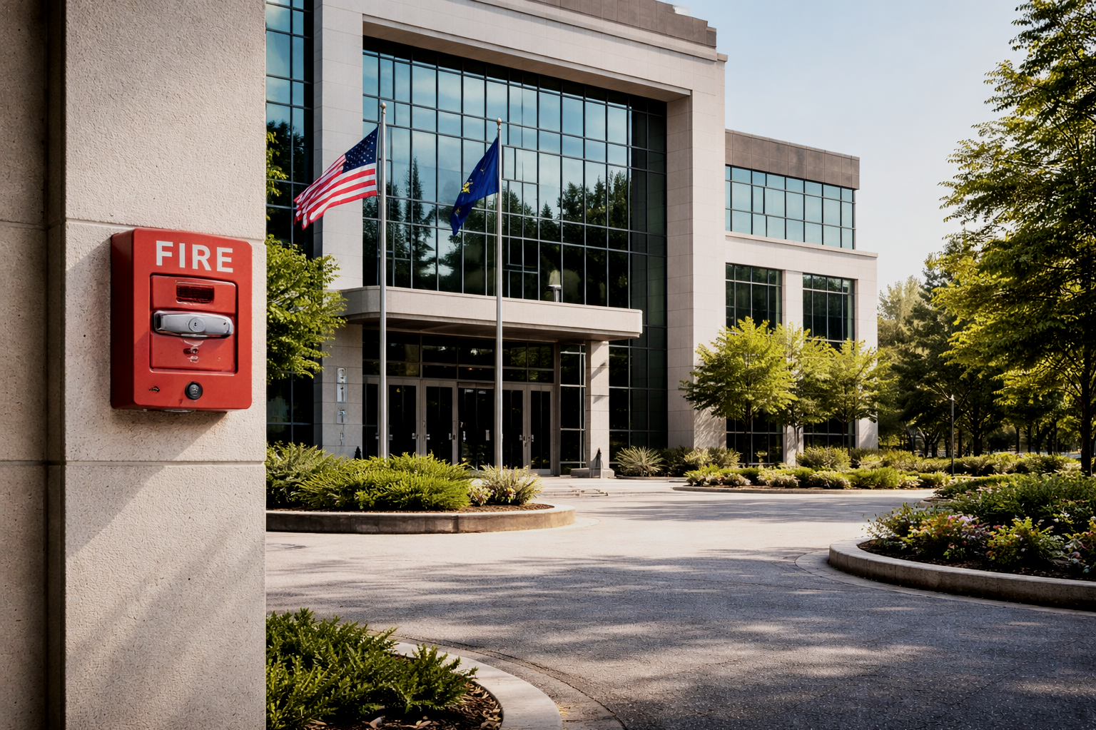 Modern office building with large glass windows, surrounded by greenery, with American and state flags, and a red fire alarm box on a beige wall in the foreground.