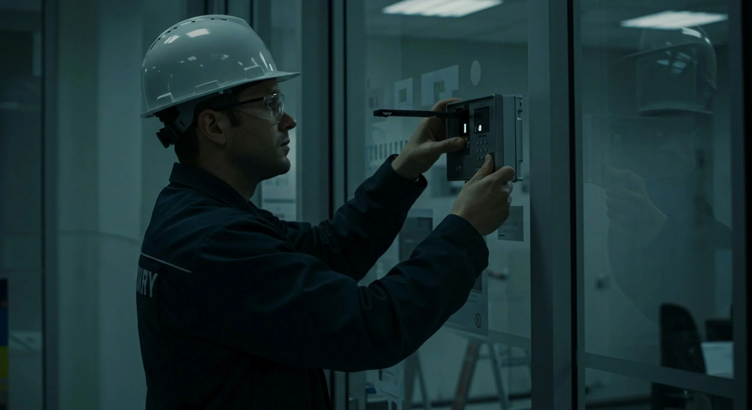A man wearing safety glasses and a hard hat is adjusting a control panel on a glass cabinet, in a modern industrial or laboratory setting.