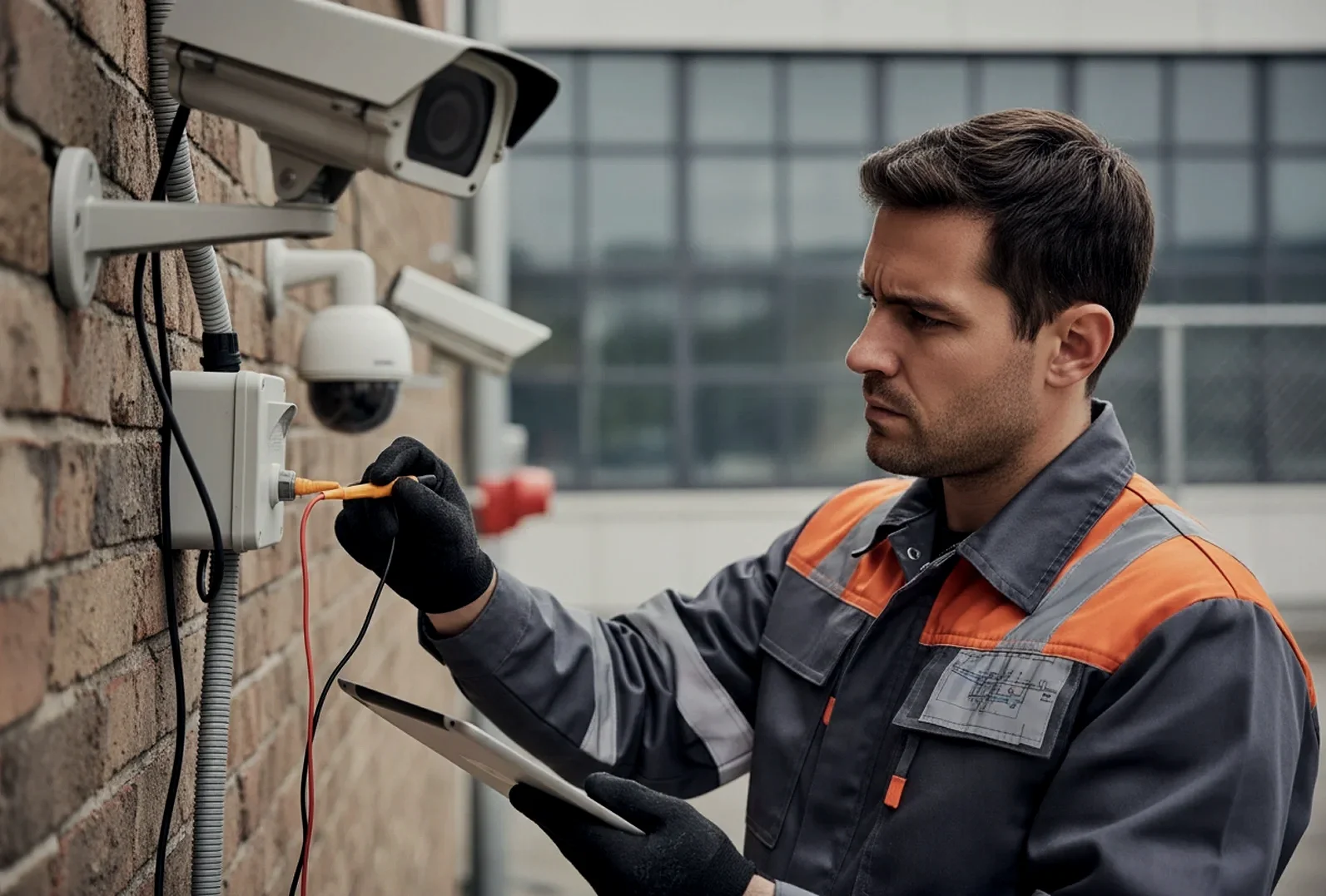 Technician testing security cameras with a multimeter outside a building.